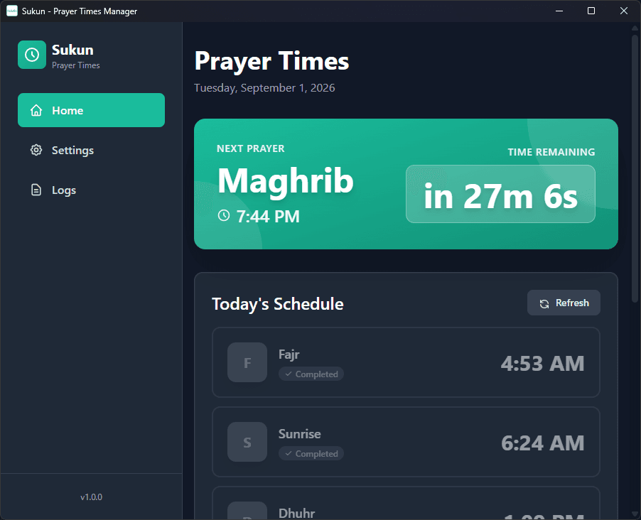 جدول اليوم مع عدّ تنازلي حي للصلاة القادمة